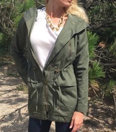 Olive Utility Jacket  - The Peach Mimosa Brushed Bronze Hardware, Bronze Hardware, Brushed Bronze, Utility Jacket, Flap Pocket, Chest Pocket, Drawstring Waist, Olive Green, Length Sleeve