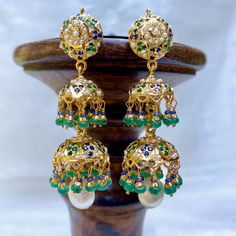 jadau double jhumka earrings Green 22k Gold Earrings With Intricate Design, Traditional Emerald Earrings For Festive Season, Traditional Festive Emerald Earrings, Traditional Emerald Drop Earrings, Festive Gold Emerald Earrings, Festive Emerald Earrings, Temple Style Emerald Earrings For Festivals, 22k Gold Green Chandbali Earrings, Green 22k Gold Chandbali Earrings