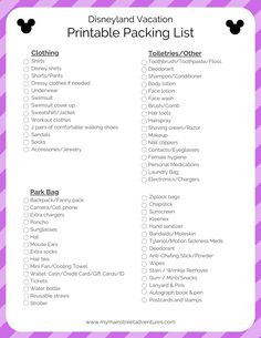 the disneyland vacation printable packing list is shown in purple and white with black lettering