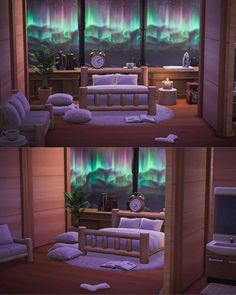 two pictures of a bedroom with the aurora lights in the background