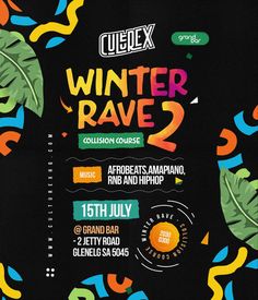 an event poster for the winter rave 2 with colorful leaves and numbers on black background