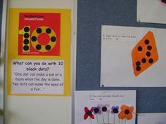 a bulletin board with flowers and pictures on it that says what can you do with 10 black dots?