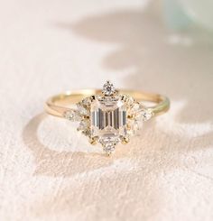 Emerald Cut Cluster Lab Grown Diamond Engagement Ring 18k Solid Gold Wedding