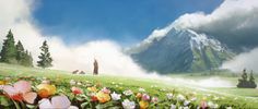 an animated scene with flowers in the foreground and mountains in the backgroud