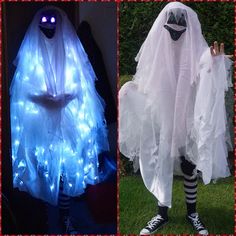 two pictures one in white and the other in blue with glowing lights on their faces