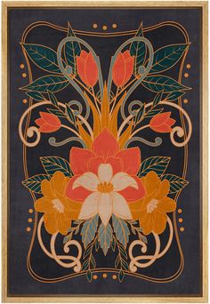 an art nouveau painting with flowers and leaves in gold frame on black background, framed