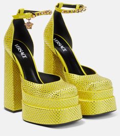 Yellow Platform Heels, Versace Womens, Versace Heels, Versace Women, Versace Kids, Versace Gold, Versace Shoes, Designer Pumps, Evening Shoes