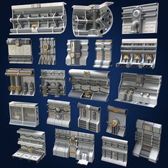 an assortment of metal parts are shown in this image, including the engine and gear