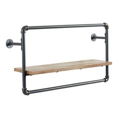 Perfect as a display piece, this design is crafted from pine wood and enhanced with an industrial support pipe. This shelf adds rustic warmth and style to any wall and supplements useful storage space. Use the shelf to provide a secure spot to display your treasured decor, including photos, small sculptures, and artwork. Furniture of America 27.5-in L x 7.25-in D x 16.25-in H Sand Black, Light Pure Copper Metal Rectangular Floating Shelf | IDF-AC543A Floating Wall Shelf, Decorative Shelving, Unique Shelves, Black Industrial, Black Pipe, Wood Wall Shelf, Rustic Materials, Floating Wall Shelves, Decorating Shelves