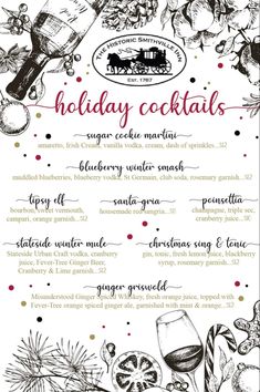 the holiday cocktail menu is shown in black and white