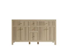 the sideboard is made from wood and has four drawers, two doors and one drawer