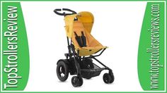 a yellow stroller with black wheels on it