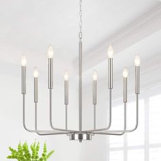 a large chandelier with six lights hanging from it's center, in a white room