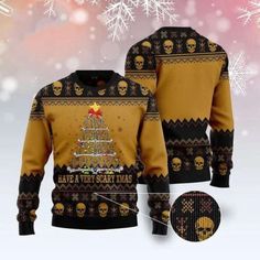 a sweater with a christmas tree and skulls on it