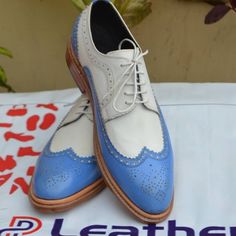 Handmade Blue White Leather Men Wingtip Oxford Dress Shoes on Storenvy Blue Wingtip Leather Shoes For Business, Luxury White-sole Wingtip Leather Shoes, Luxury Blue Leather Oxfords, Blue Leather-lined Oxfords With Round Toe, Blue Leather-lined Formal Oxfords, Leather Wedding Shoes, Quality Leather Boots, Wingtip Shoes, Custom Design Shoes