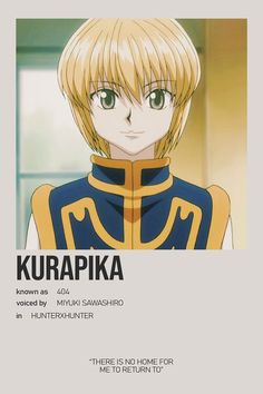 an anime character with blonde hair and green eyes, in front of a poster that says kurapika