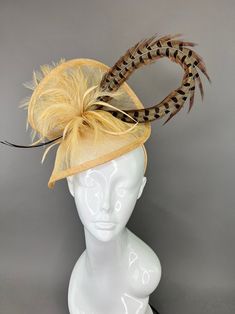 Champagne Gold Fascinator With Pheasant Feather Kentucky Derby Fascinator Hat, Tea Party Hat, Church Hat, Derby Hat, Champagne Gold Hat - Etsy Ostrich Feather Fascinator For Royal Ascot Races, Feathered Top Hat For Kentucky Derby Races, Feather Trim Costume Hats For Kentucky Derby Races, Adjustable Mini Hat With Feathers For Kentucky Derby, Fitted Mini Hat With Feather Trim For Races, Ostrich Feather Mini Hat For Royal Ascot Races, Fitted Ostrich Feather Fascinator For Royal Ascot, Ostrich Feather Fascinator Hat For Kentucky Derby, Feather Trim Fascinator For Royal Ascot Races