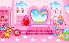 a pink bedroom with lots of furniture and decorations on the walls, including teddy bears