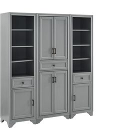 a gray bookcase with two doors and drawers