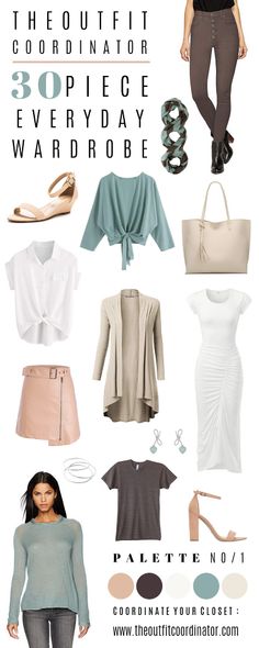 30 Piece Everyday Wardrobe for Women - Color Palette 1    Everyday Outfits - Vacation Outfits - Outfits for School    As a new season quickly approaches, it's time to get your Spring wardrobe in order so you'll be ahead of the game. Coordinating everyday outfits is a breeze with this refreshing color palette I've been inspired by. Nude peach, coffee brown, white, seafoam, and beige are the perfect colors to transition from Winter into Spring. Color Palette Outfit Ideas, Wardrobe Palette, Color Palette Outfit, Polished Fashion, Peach Coffee, Wardrobe For Women, Build A Capsule Wardrobe, Outfits Vacation, Capsule Wardrobe Work