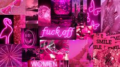 a collage of pink and black images with neon lights, signs, and fireworks