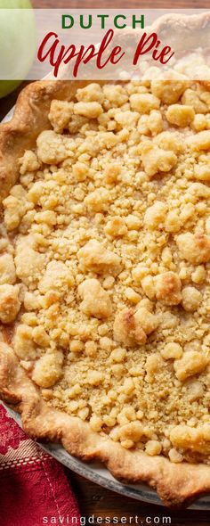 an apple pie with crumbs on top and the words dutch apple pie above it