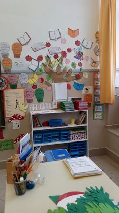 a room with a desk, bookshelf and many different things on the wall