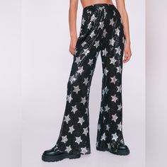 Size 8 Flare Sequin Nasty Gal Pants- Star Pattern Black Star Print Bottoms For Night Out, Silver Pants For Fall Party, Black Wide Leg Pants With Star Print, Trendy Black Star Print Pants, Trendy Silver Party Pants, Trendy Silver Party Bottoms, Trendy Black Pants With Star Print, Star Suit, High Waisted Flare Pants