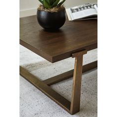 a potted plant sitting on top of a wooden table next to an open book