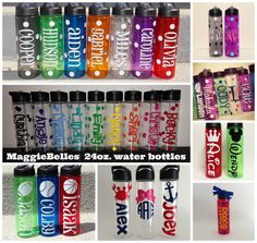 many different colored water bottles with the names of each one on them, all in different colors