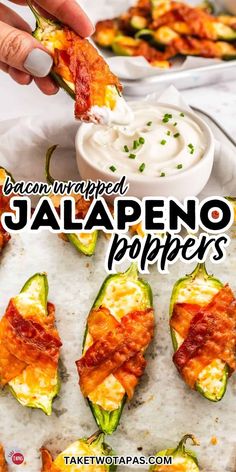 jalapeno peppers stuffed with bacon and cheese are being dipped with sour cream