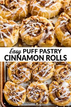 easy puff pastry cinnamon rolls with icing on top