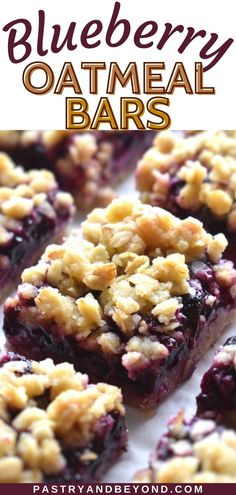 blueberry oatmeal bars with crumbled toppings are on a white plate