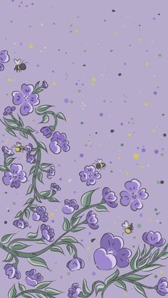 purple flowers with green leaves and dots on a lila background, in the foreground