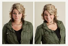 two pictures of a woman with hair tied to her head and wearing an army green jacket