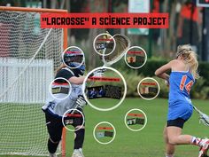 the girls are playing lacrosse on the field with words above them that read l'across a science project