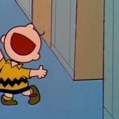 a cartoon character with his mouth open and tongue out, standing in front of a door