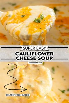 a spoonful of cauliflower cheese soup in a white bowl with the title super easy cauliflower cheese soup