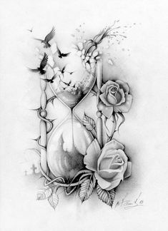 a pencil drawing of roses and an hourglass with birds flying around it on a white background