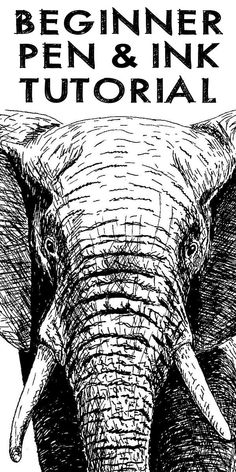 an elephant's head with the words beginer pen and ink tutor on it