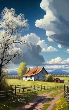 a painting of a farm with a barn and trees in the foreground, clouds in the background