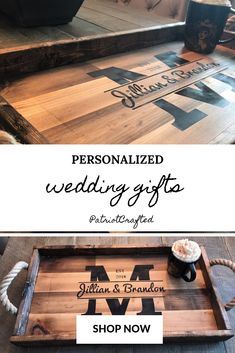 two wooden trays with the words personalized wedding gifts on them, and an image of