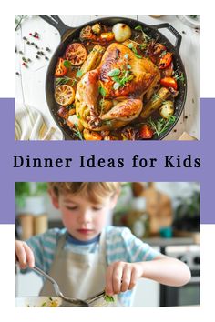 a young boy eating dinner with the words dinner ideas for kids