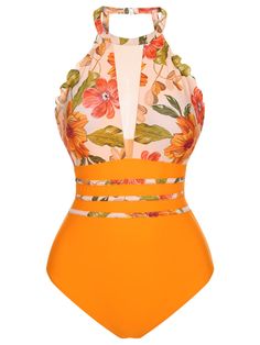 Groovy Swimsuit, Hippie Swimsuit, Vintage Inspired Swimsuit, Orange Things, Retro Clothes, Romper Swimsuit, Floral One Piece Swimsuit, Floral One Piece, Halter One Piece Swimsuit