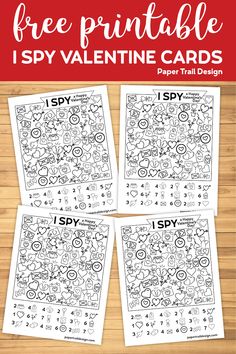 four printable valentine cards with the text free printable i spy valentine cards on them