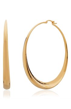 Crafted of recycled sterling silver and plated in 18-karat gold, these oversized hoops feature an organic sculptural design for a modern look. Snap-post closure Sterling silver/18k-gold plate Made in the UK Exclusive US retailer Modern Gold Sculptural Jewelry, Modern Sculptural Gold Jewelry, Contemporary Sculptural Gold Jewelry, Contemporary Polished Yellow Gold Hoop Earrings, Modern Polished Hoop Earrings, Modern Sculptural Jewelry With Polished Finish, Modern Gold Plated Polished Hoop Earrings, Modern Gold Plated Hoop Earrings With Polished Finish, Modern Twist Hoop Jewelry With Polished Finish