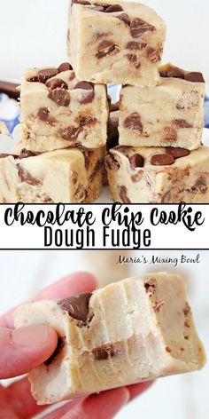 chocolate chip cookie dough fudge is stacked on top of each other