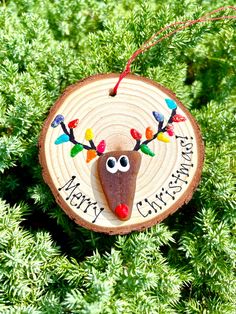 a wooden ornament with a reindeer face on it hanging from a tree branch