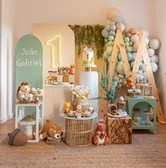 a room filled with stuffed animals and balloons