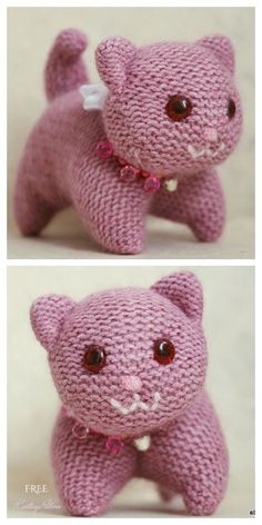 two pictures of a pink knitted cat